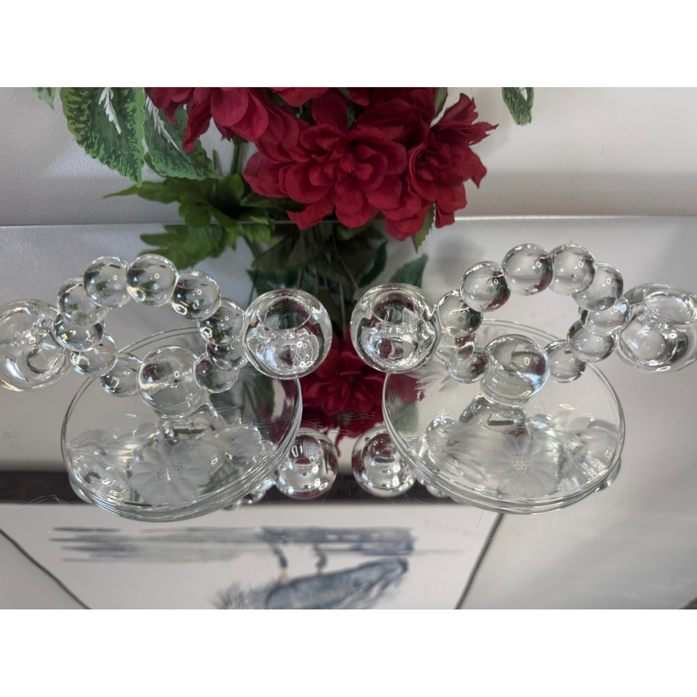 Vintage Etched Cornflower Crystal Bubble Loop Candle Holders Likely W.J. Hughes - Picture 3 of 8